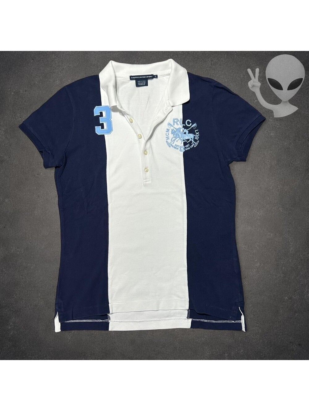 Ralph Lauren Sport Polo Shirt Womens US L Navy White Colorblock Crest 3 Cotton
